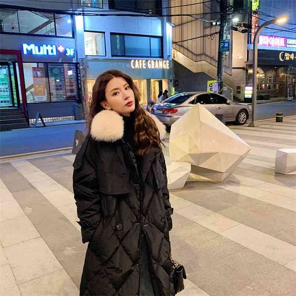 

winter women real fur collar hooded long down coat double breasted 90% white duck parka loose windebreaker with belt 210430, Black
