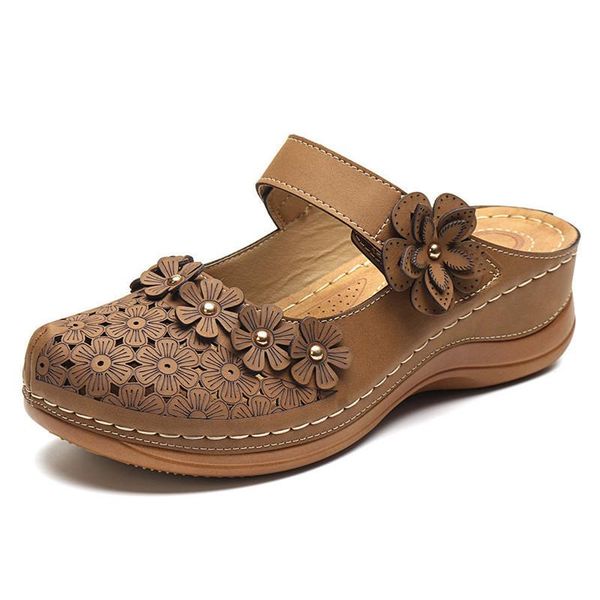 

women's sandals 2021 summer handmade ladies shoes leather floral women flats retro style woman casual sandalias, Black
