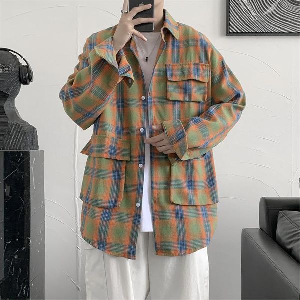 

men's casual shirts plaid shirt long-sleeved autumn loose hong kong style tooling ins tide brand personality multi-pocket jacket, White;black