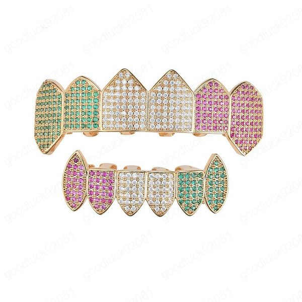 

hip hop gold color teeth grills colorful cz stone vampire teeth iced out & bottom dental grills set, Black