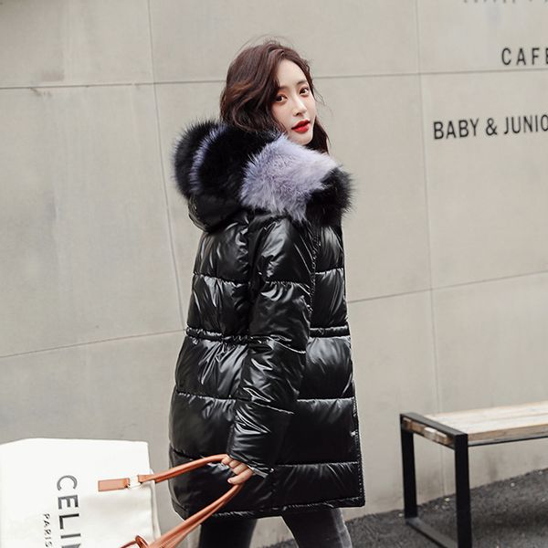 

fashion women glossy medium long silver down jackets big colorful fur collar hooded coat parka jacket warm womens winter jackets 210413, Black