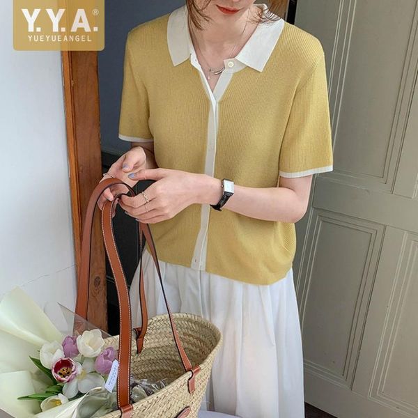 

women's t-shirt summer women casual color mixed single breasted short sleeve knitwear ladies loose fit knitted tees, White