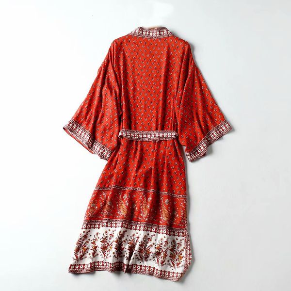 

a line autumn boho v neck floral print kimono shirt tassel lacing up sashes long sleeve cardigan holiday blouse loose red, White