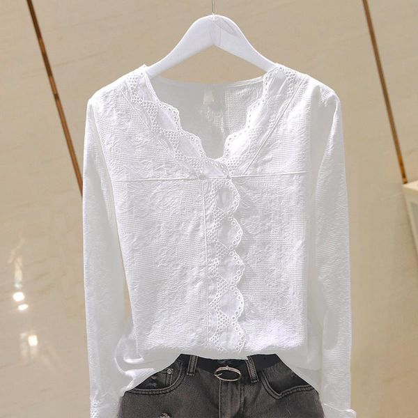 

women's blouses & shirts lace cotton women blouse 2021 summer v-neck long-sleeved slim solid lady elegant pulls x518, White