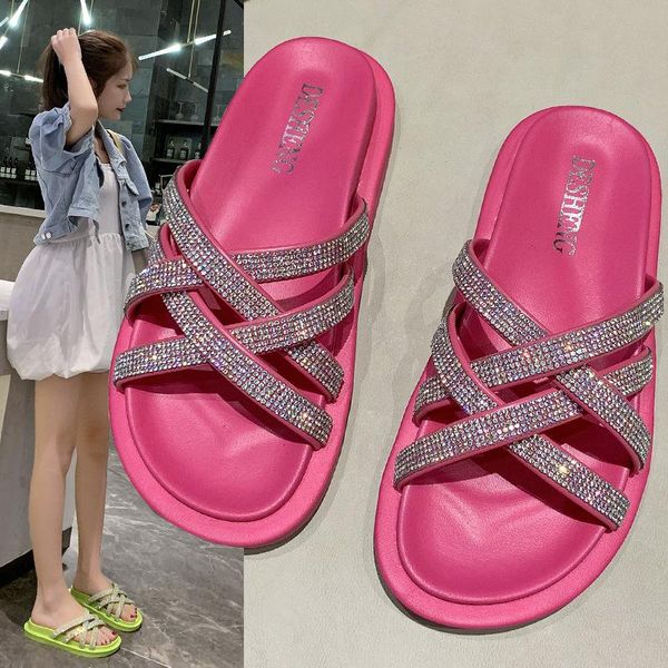 

slippers glitter slides low female shoes casual cross-tied jelly 2021 luxury soft fabric leisure rome hoof heels crystal basic p, Black