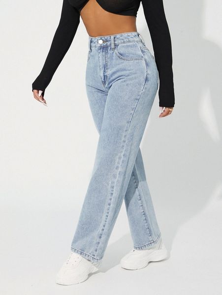 

petite high waist straight leg jeans 36f0#, Blue