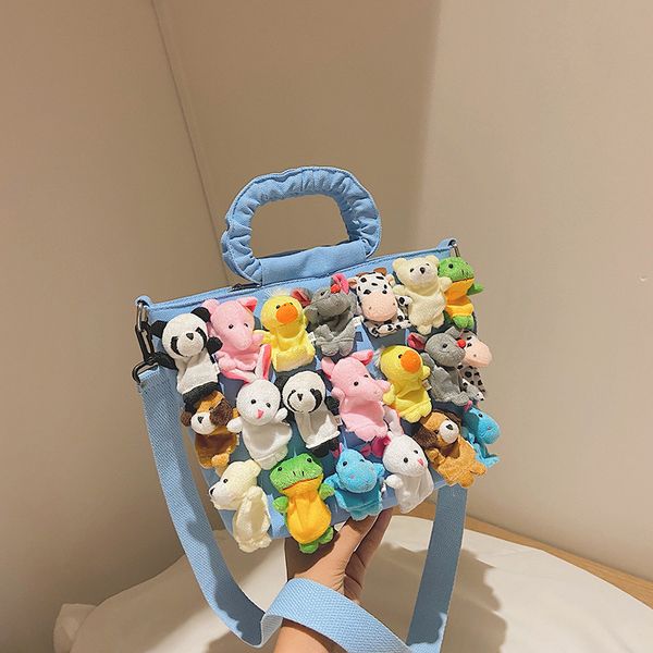 

new style designer bag fashion girl handbag canvas one shoulder student cute cartoon doll blue and white wide shoulder strap adjustable shop