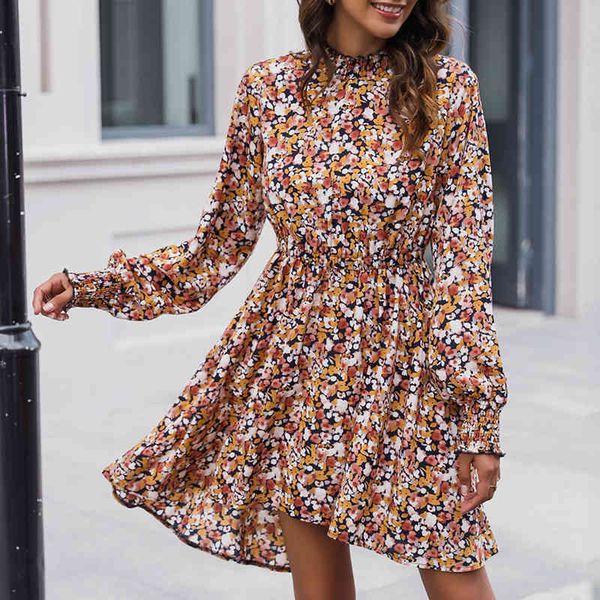 

turtleneck floral dress women autumn winter a-line short dress ruffle elegant ladies long sleeve casual dress female 210415, Black;gray