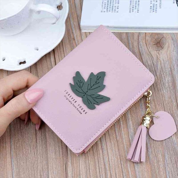

womens wallet female student short zipper purses carteira fashion leaf fringed purse small woman portefeuille femme, Red;black