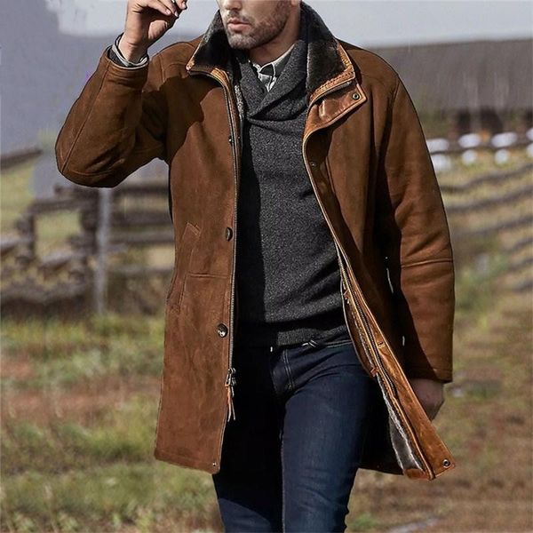 

men's wool & blends autumn winter coat vintage casual solid zipper with pocket lapel medium length thick warm wind-proof loose overcoat, Black