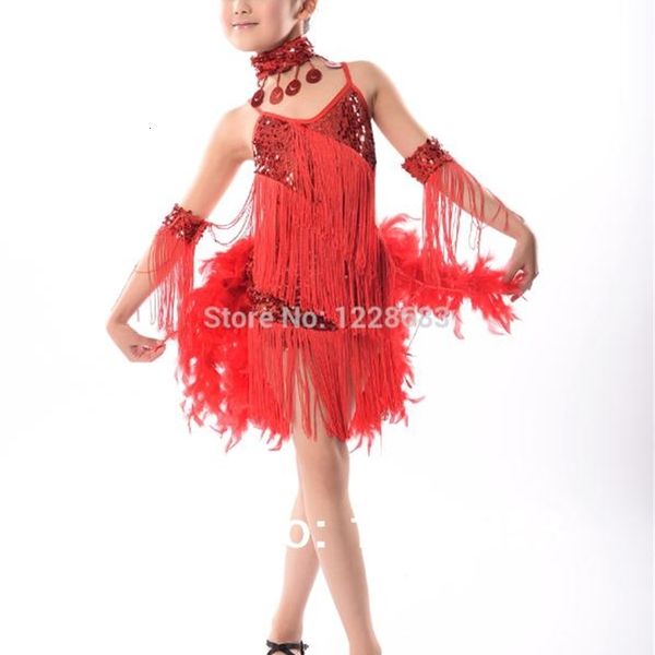 

children kids sequin feather fringe stage performance competition ballroom costume latin dance for girls, Black;red