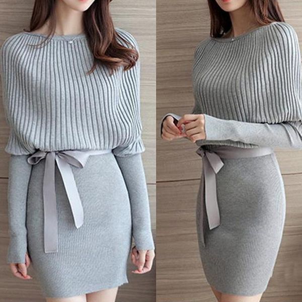 

casual dresses autumn knitted women dress fashion solid color elegant hip knit high street sashes o-neck mini, Black;gray
