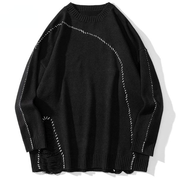 

men's sweaters men solid color line art broken hole o-neck jumpers vintage college style couple knitted baggy casual streetwear, White;black