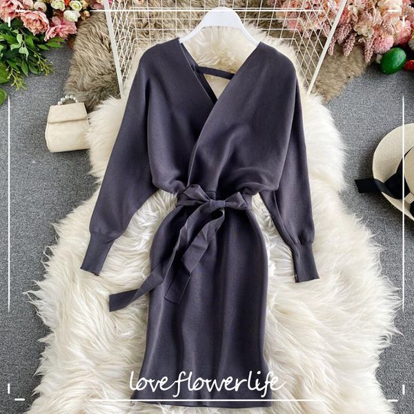 

autumn winter women knitted dress v-neck sweater dresses lady slim bodycon long sleeve bottoming dress vestidos 210521, Black;gray