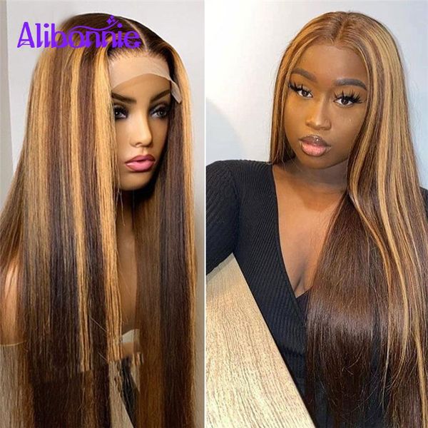 

alibonnie 4x4 human hair lace frontal wigs for women closure wig natural 5x5 straight with baby remy, Black;brown