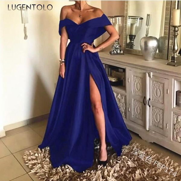 

casual dresses lugentolo party women dress dinner high fork solid slim-fit big swing plus size 5xl female elegant maxi, Black;gray