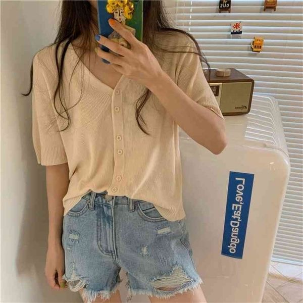 

fashion girl summer knitted jacket slim short cardigan women clothing crop sleeve v-neck blouse 210812, White