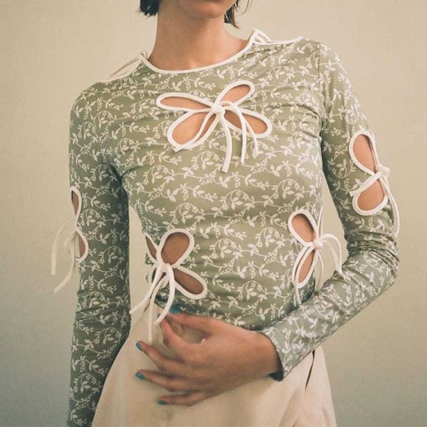 

vintage butterfly hollow out bandage long sleeve t-shirts 2021 new spring summer print o-neck green y2k fashion outfits y0621, White