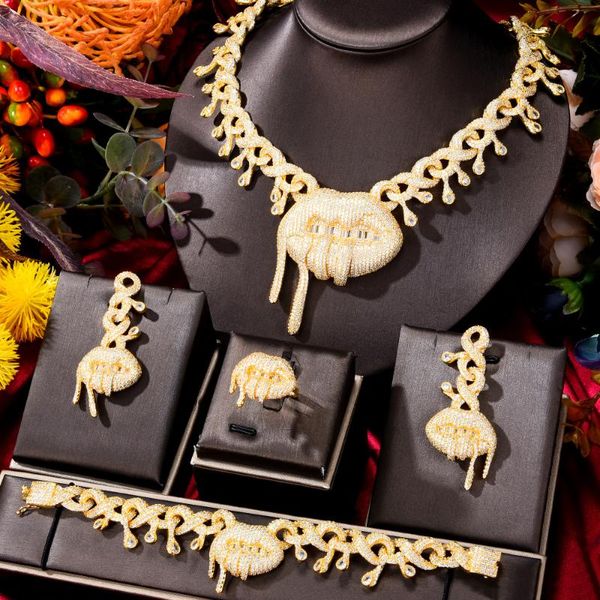 

earrings & necklace 4pcs iced out bling hip hop women jewelry set tennis chain with cz miami cuban link trendy lips charm choker, Silver