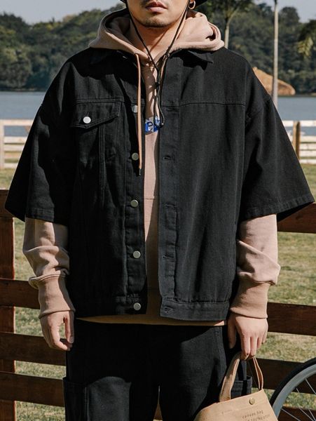 

men drop shoulder flap pocket shacket jacket c7f7#, Black;brown