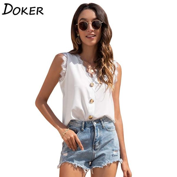 

sleeveless v-neck lace edge solid color summer casual stitching vest breathable aesthetic clothes harajuku shirt 210423, White