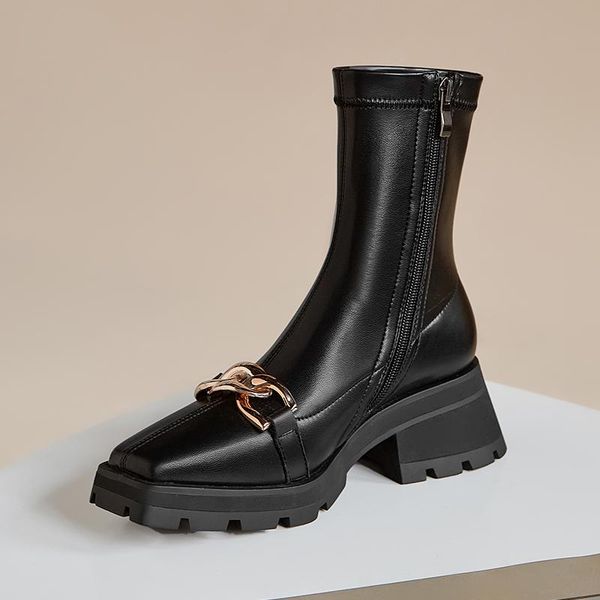 

boots genuine leather platforms women ankle metal decoration thick high heels casual autumn winter shoes woman, Black