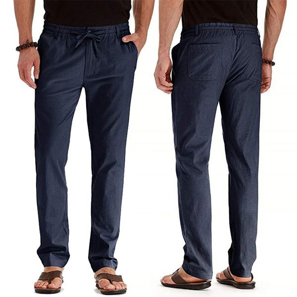 

men's cotton linen pants male summer breathable solid loose color trousers casual streetwear elastic waist exercise pant, Black