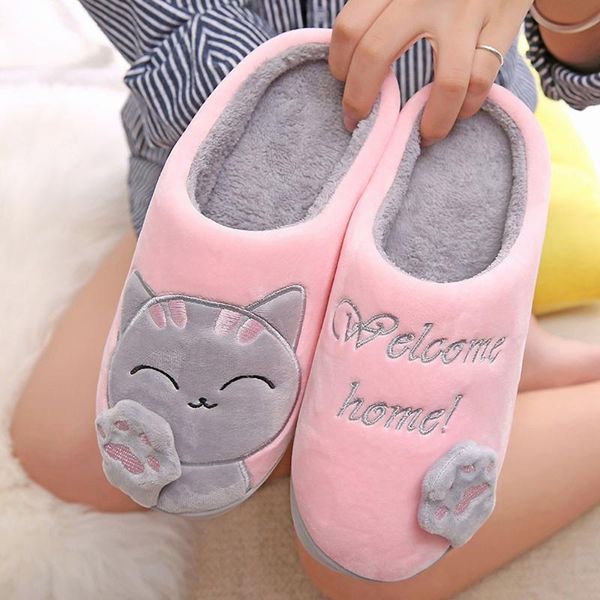 

women winter slippers cartoon cat shoes home non-slip soft warm house indoor bedroom couples floor, Black
