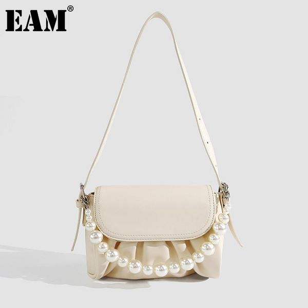 

cross body [eam] women pearls chains wrinkled pu leather flap personality all-match crossbody shoulder bag fashion tide 2021 18a3191
