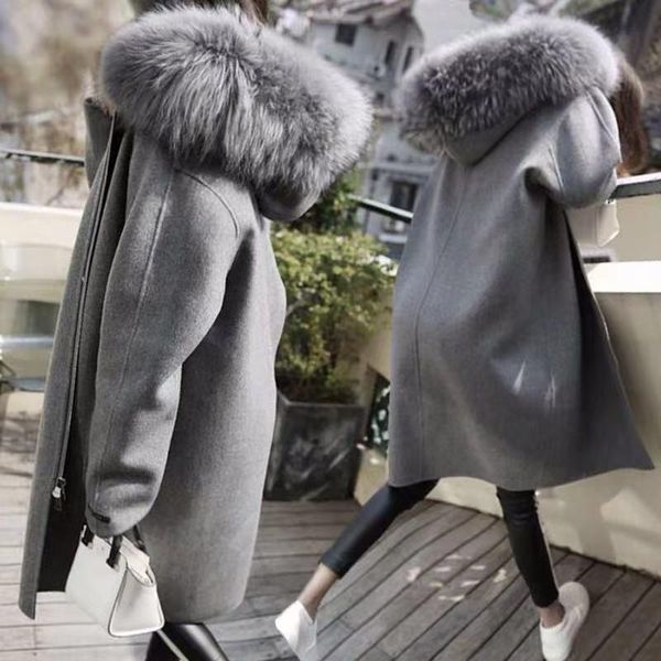 

women's wool & blends autumn winter jacket loose zipper fur collar hooded coat large size gray casual female woolen outerwear 5xl, Black