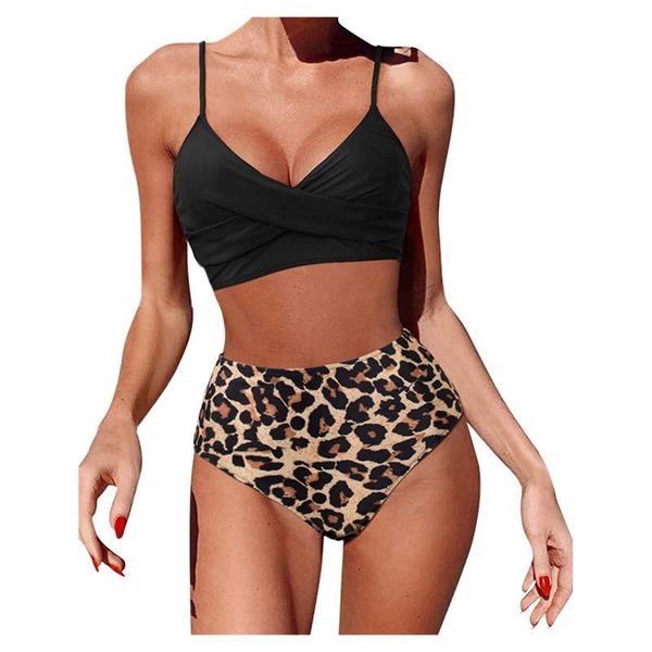 

women's swimwear leopard print bikini set cross strap v neck swimsuit sling female swim high waist bathing suit brazilian a50, White;black