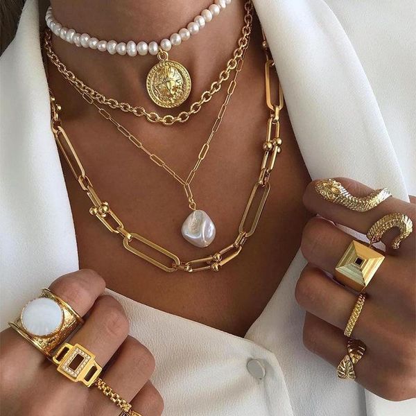 

chains selling retro female necklace with baroque pearl pendant clavicle chain multi-layer coin sweater wholesale, Silver