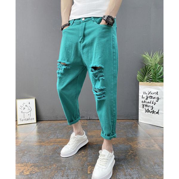 

men's large hole jeans, loose cotton padded cloth, zipper, softener, casual shorts, ankle buttons, Blue