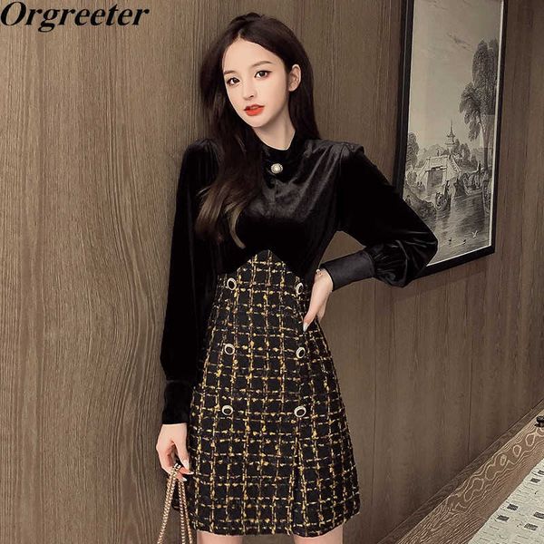 

velvet patchwork plaid tweed dress female spring fall stand collar lantern sleeve pearl button deco pencil 210525, Black;gray