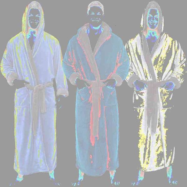 

men's sleepwear fashion casual mens bathrobes flannel robe hooded long sleeve couple men woman plush shawl kimono warm male bathrobe co, Black;brown