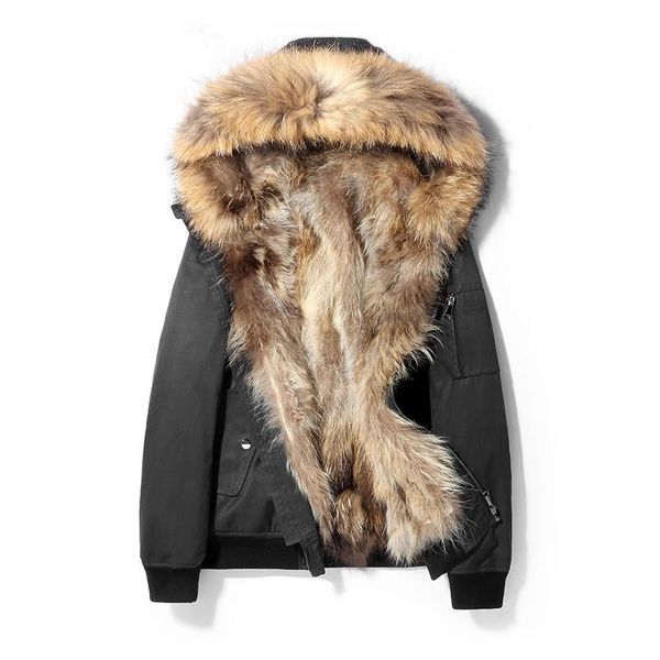 

men's leather & faux real fur coat men parka short winter jacket for natural raccoon collar warm luxury coats abrigo hombre m18c0544, Black