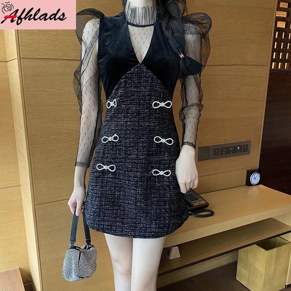 

fashion women's puff long sleeved diamond bow mesh patchwork tweed high waist stand collar slim party mini vestidos dress casual dresse, Black;gray