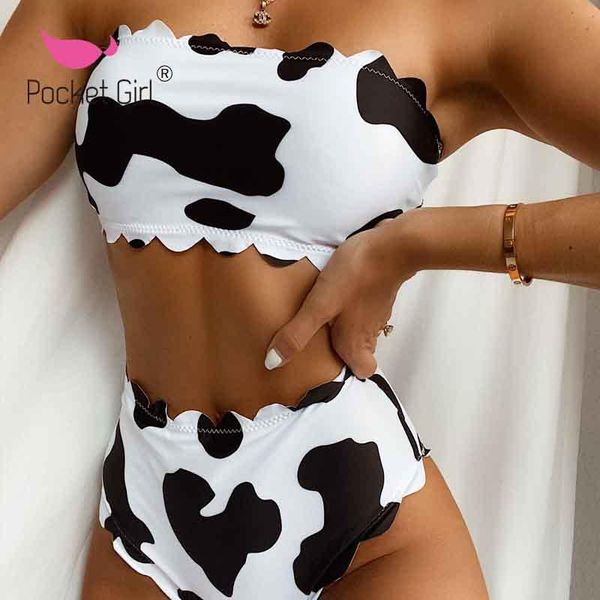 

pocket girl 2021 cow print bikini set bandeau swimsuit women swimwear string brazilian strapless female bathing women's, White;black