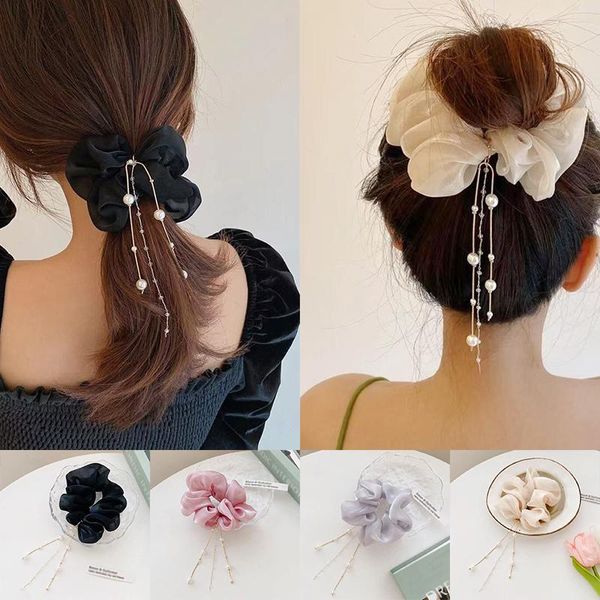 

hair accessories fairy organza ties women girs pearl tassel oversized scrunchies elastic ponytail holder bands gifts, Slivery;white