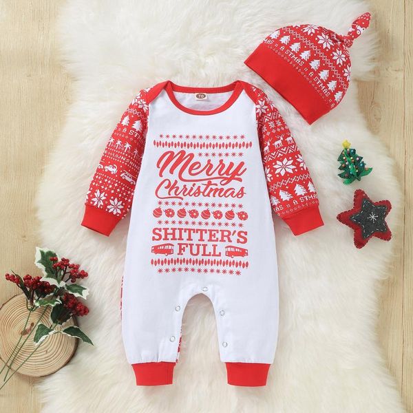 

clothing sets xmas clothes baby romper merry christmas letter print infant boys rompers born girl jumpsuit+ hat outfits, White