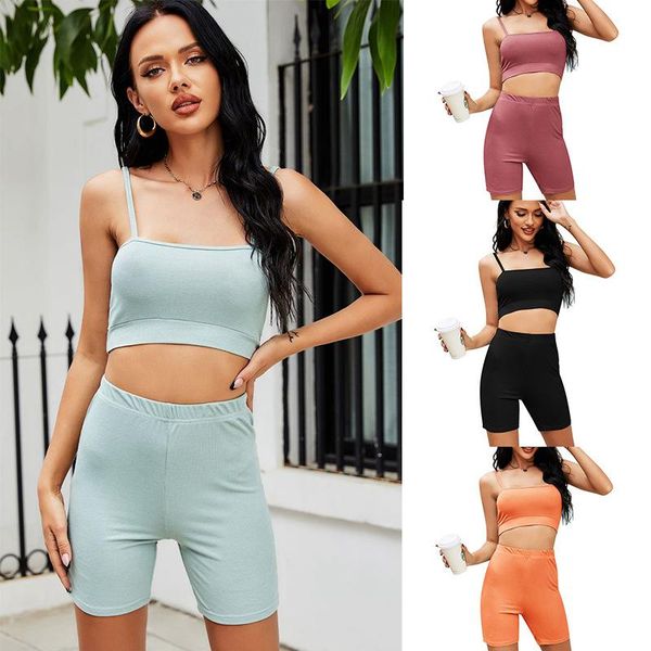 

women's tracksuits pure color tight-fitting soft cotton 2021 summer women's fashion camisole cropped leggings short two-piece suit, Gray