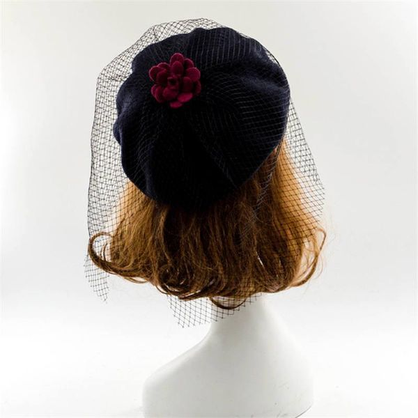 

berets wool flower veil beret painter cap autumn winter 100% pure women knit wild flowers mesh hat 2021, Blue;gray