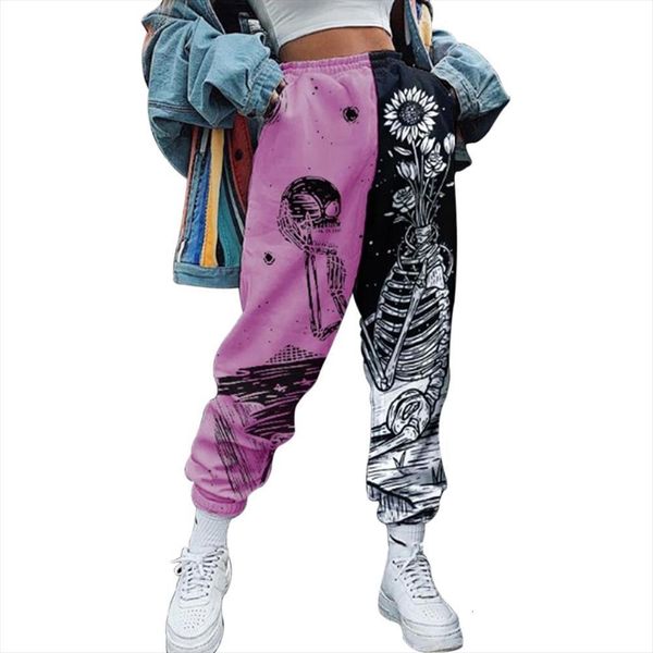 

hip hop sweatpants skull print womens leggings patchwork pants autumn elastic waist pocket overalls casual streetwear joggers, Black