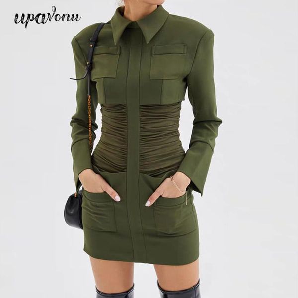 

casual dresses 2021 turn-down collar full sleeves high waist slim covered hips green mini dress bodycon club party female vestidos, Black;gray