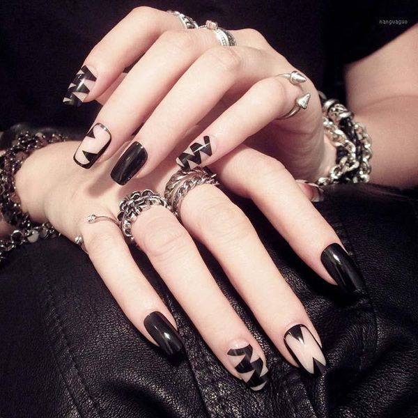 

24pcs/set false nail with designs shiny black wave line acrylic artificial nails fahion ladies daily fake glue tips1, Red;gold