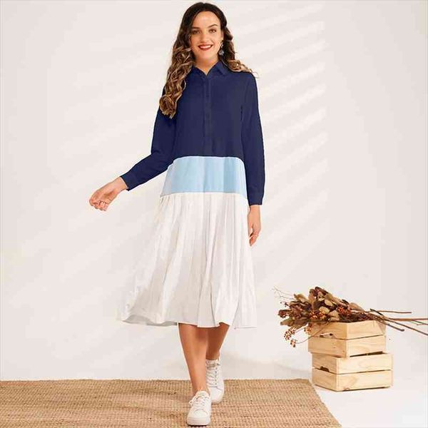 

summer fashion lapel womens dresses long sleeve color stitching hem pleated mid length versatile loose sweet shirt dress, Black;gray