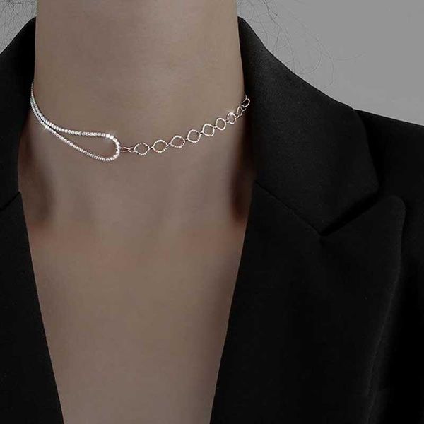 

chains asymmetry necklace women rhinestone necklaces woman fashion splicing hollow clavicle chain hip hop alloy collares, Silver