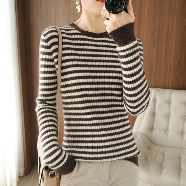 

women's sweaters cashmere sweater women 2021 winter 100% wool knitted round neck pullover slim striped ladies blouse long sleeves plus, White;black