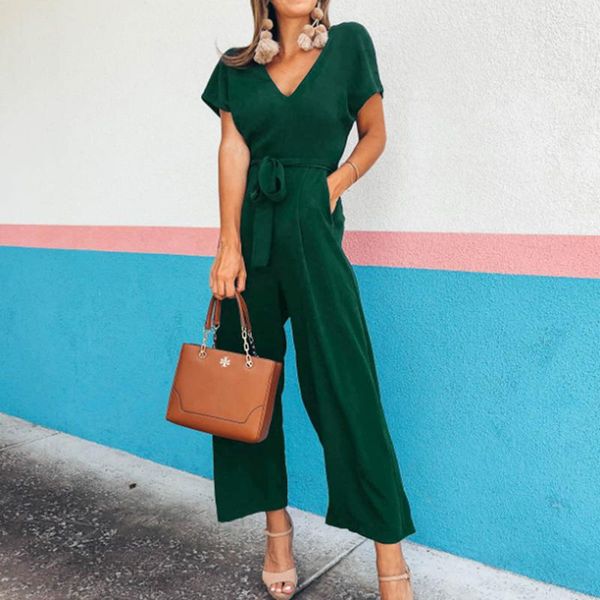 

women's jumpsuits & rompers 2021 women v neck fashion short sleeve wide leg loose jumpsuit summer casual solid color bodysuit full leng, Black;white