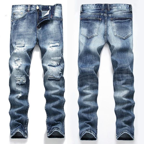 

men's jeans dark blue printed ripped cotton fashion straight